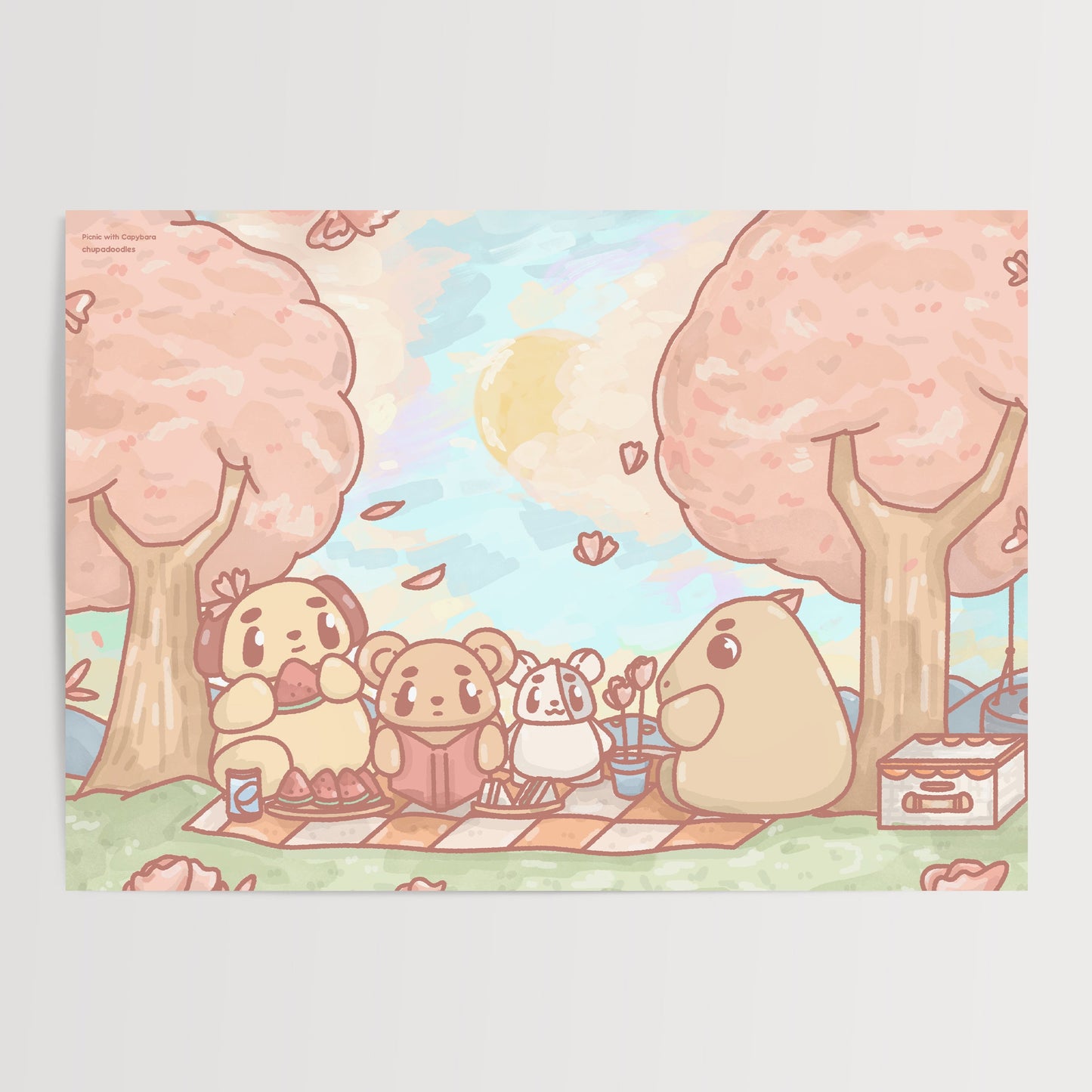 Capybara Cherry Blossom Picnic A5 Postcard Print