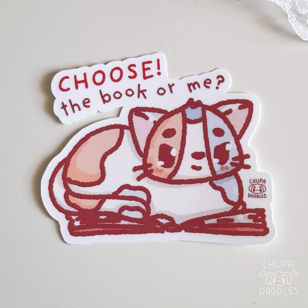 Cat Laying On A Book Cute Sticker (Matte Finish)-chupadoodles