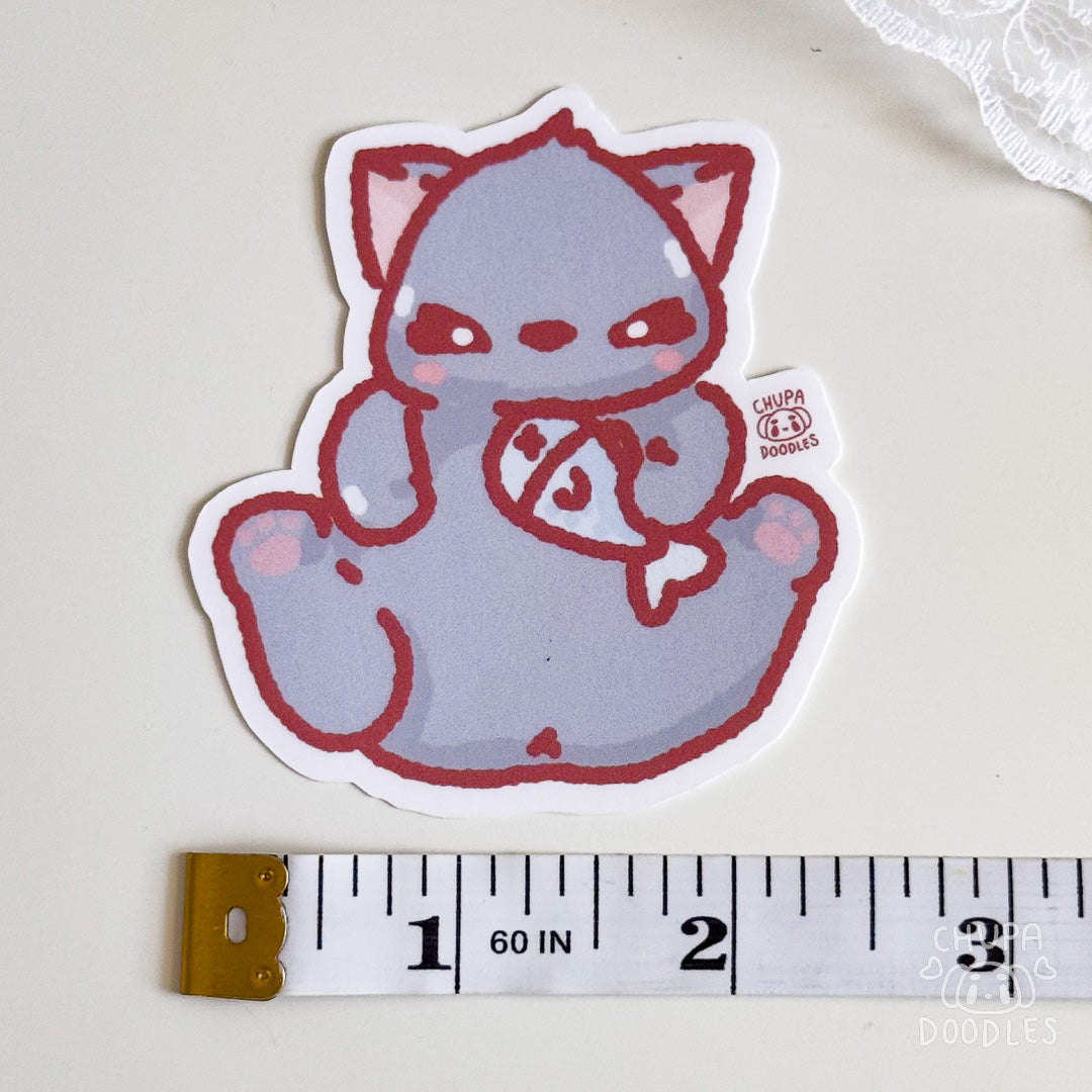 Cat With Fish Cute Sticker (Matte Finish)-chupadoodles