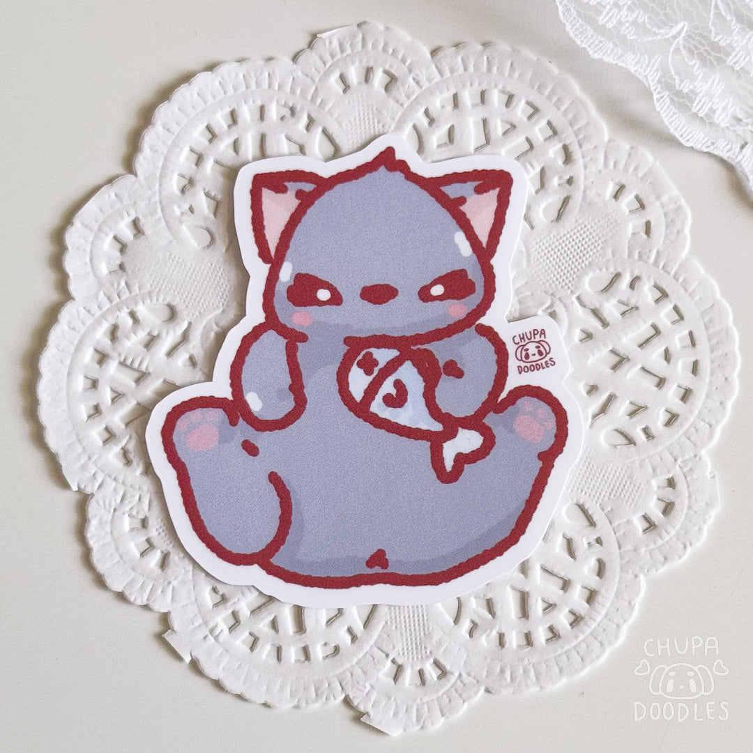 Cat With Fish Cute Sticker (Matte Finish)-chupadoodles