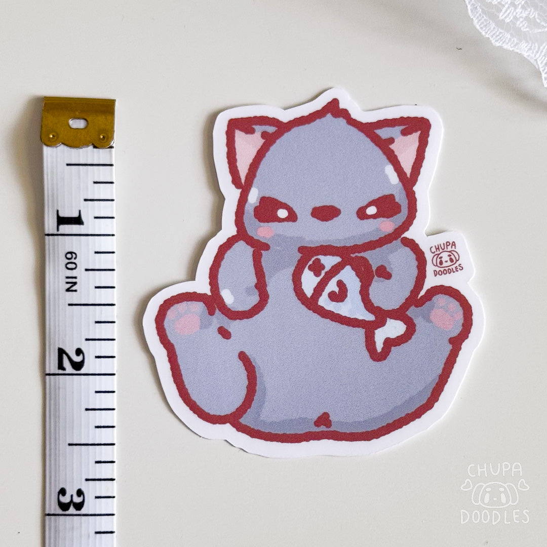 Cat With Fish Cute Sticker (Matte Finish)-chupadoodles
