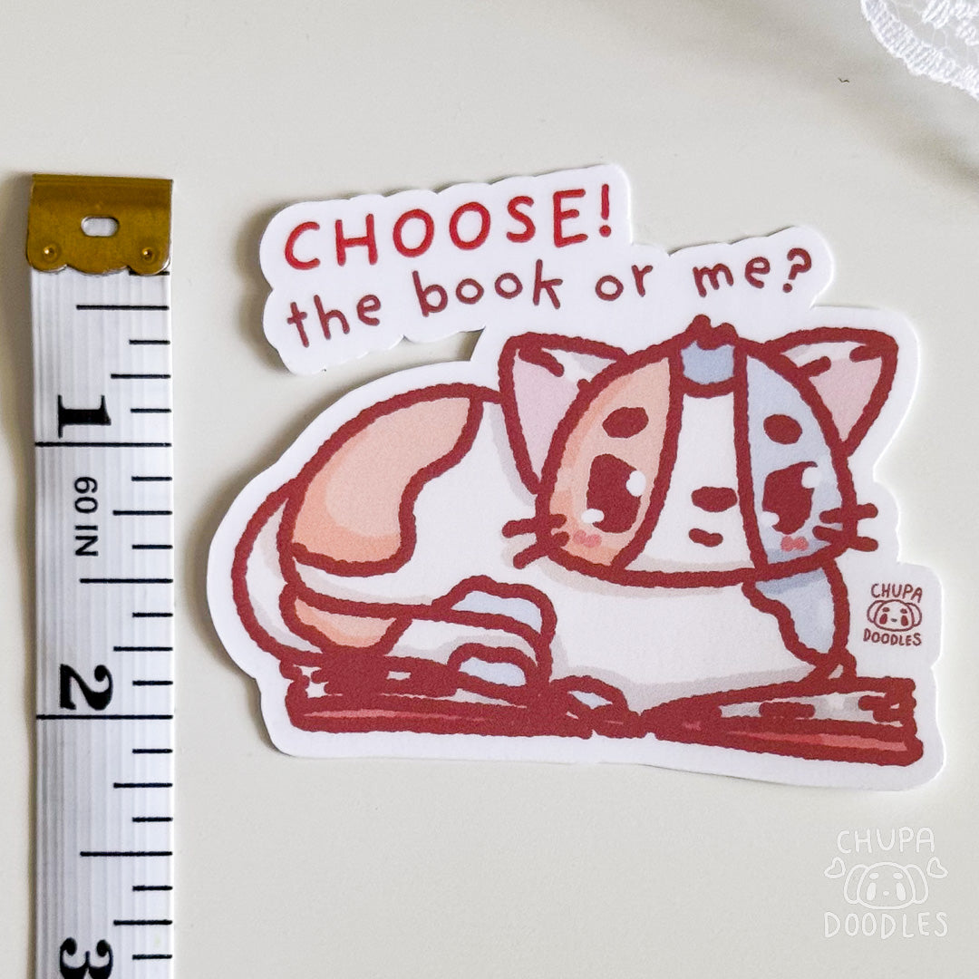 Cat Laying On A Book Cute Sticker (Matte Finish)-chupadoodles