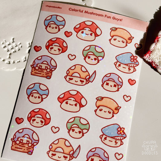 Cute mushroom stickers close-up, cottage core characters with different expressions on washi paper