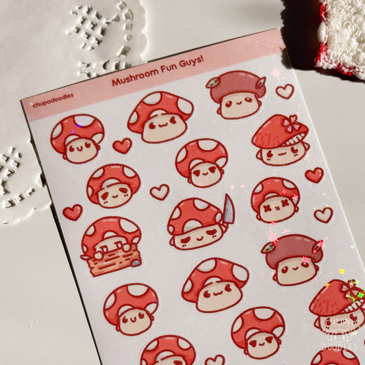 Red Mushrooms washi sticker sheet close-up by Chupadoodles, kawaii planner stickers