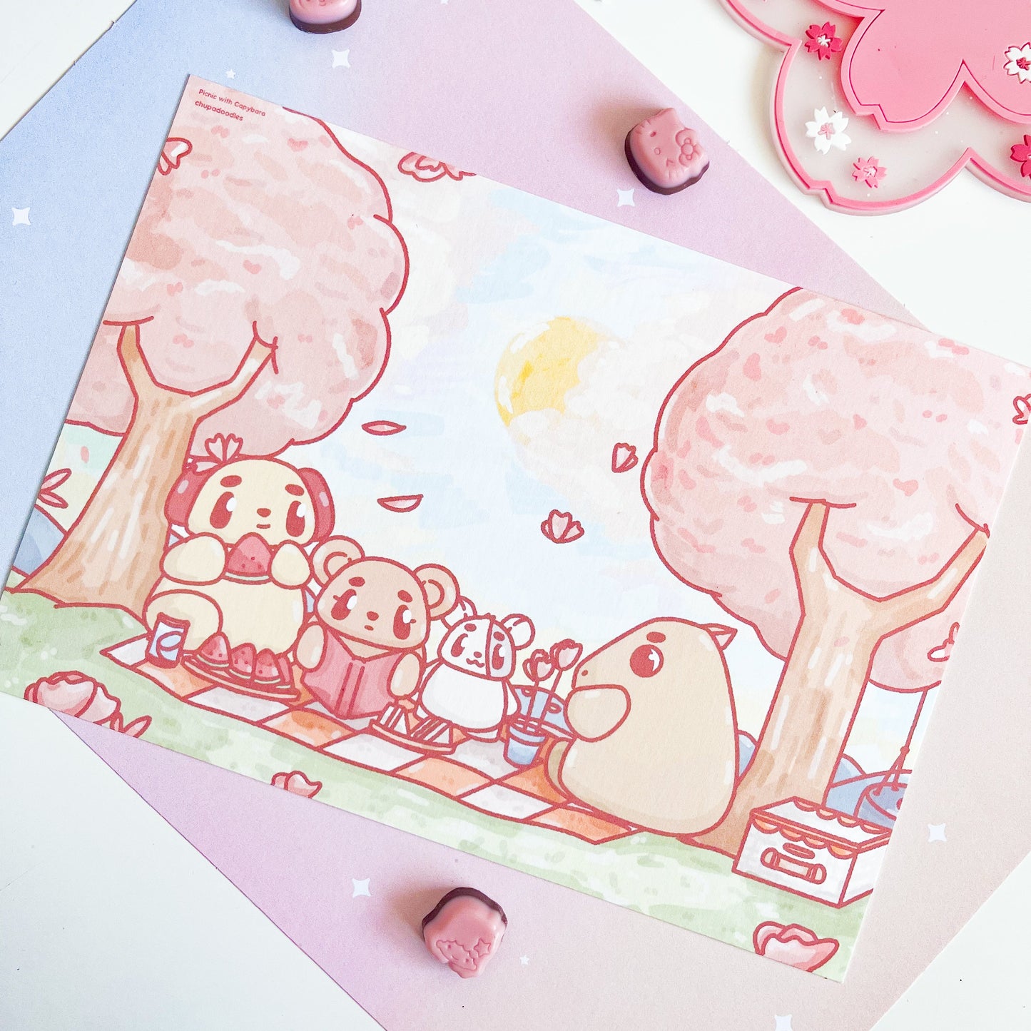 Capybara Cherry Blossom Picnic A5 Postcard Print