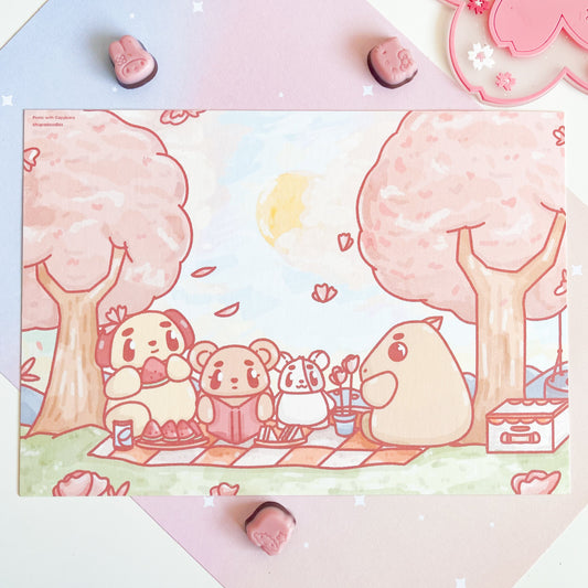 Capybara Cherry Blossom Picnic A5 Postcard Print