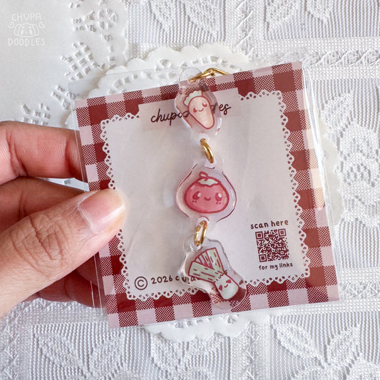 Veggie trio epoxy keychain close up, double-sided three-charm bag charm