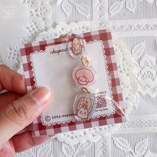 Veggie trio epoxy keychain close up, double-sided three-charm bag charm
