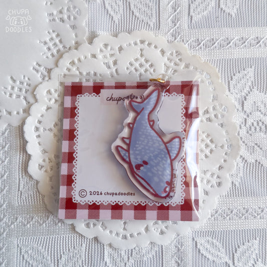 Whale shark epoxy keychain close up, glossy double-sided charm