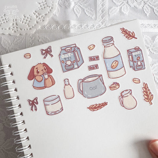 Barky and oat milk washi sticker sheet by Chupadoodles, kawaii planner stickers