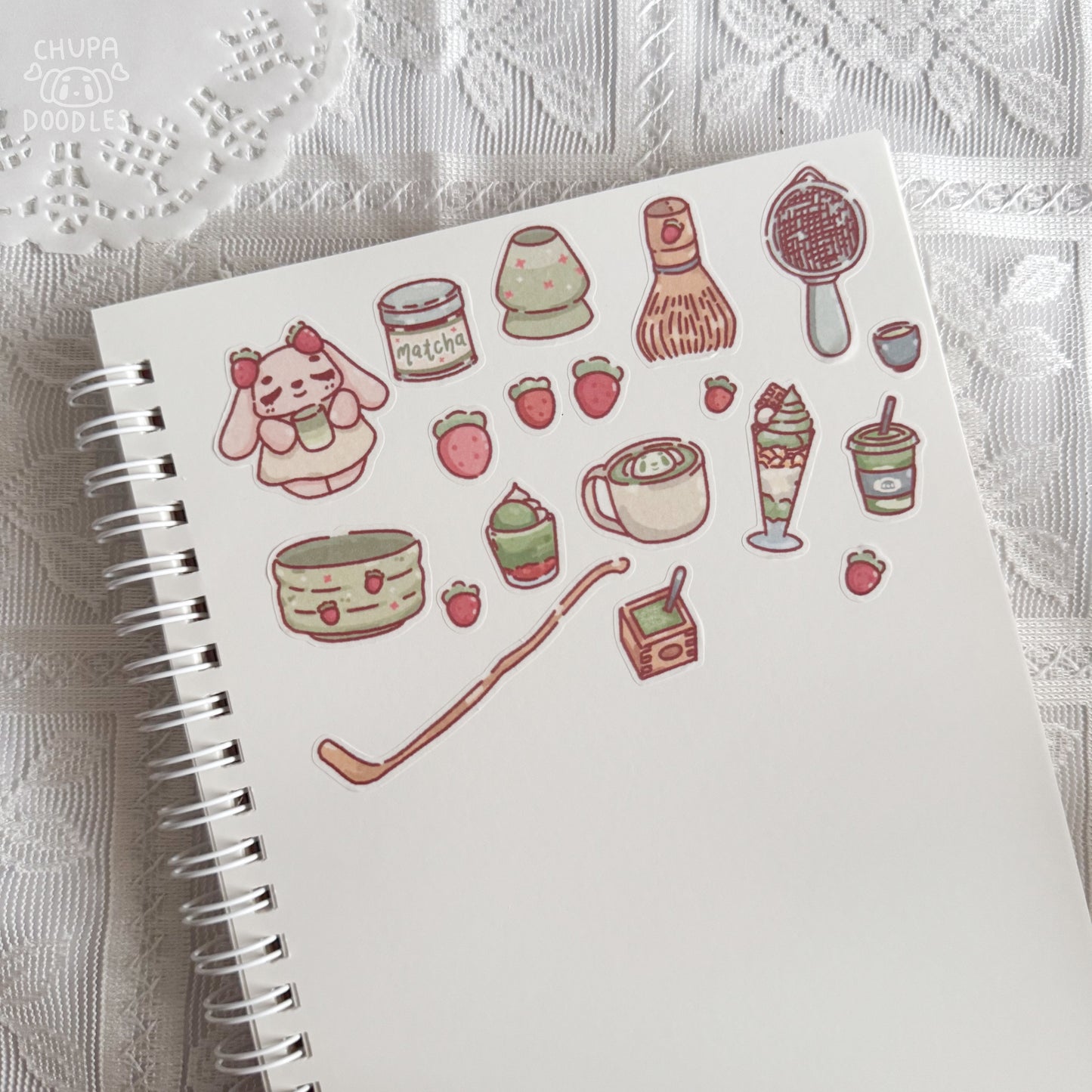Bun Bun and Matcha washi sticker sheet with size reference, 8.9 x 12.1 cm kawaii planner stickers