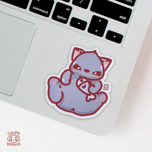 Cat With Fish Cute Sticker (Matte Finish)-chupadoodles