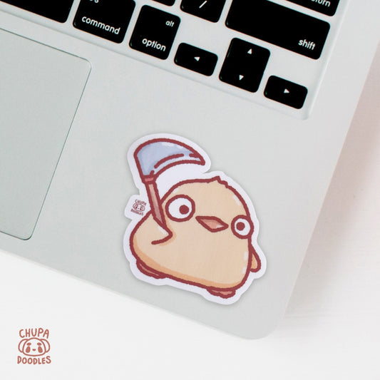 Duck With Scythe gloss vinyl sticker on a laptop by Chupadoodles, kawaii die-cut sticker