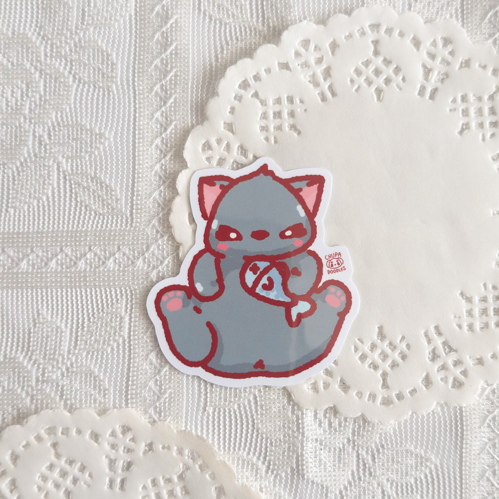 Kawaii Black Cat Fish Sticker | Kawaii Sticker (Gloss Finish)