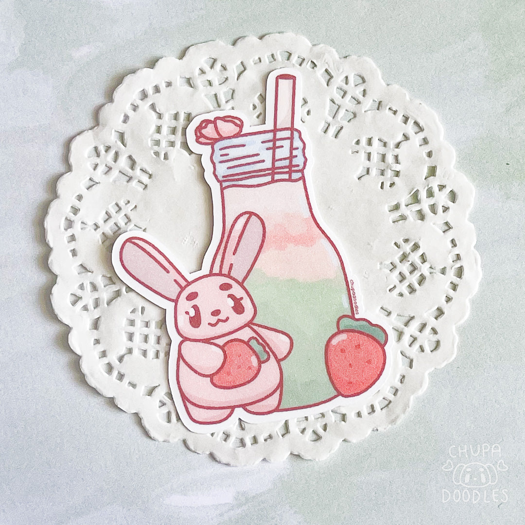 Strawberry Matcha Milk & Bun Bun Glitter Die Cut Sticker