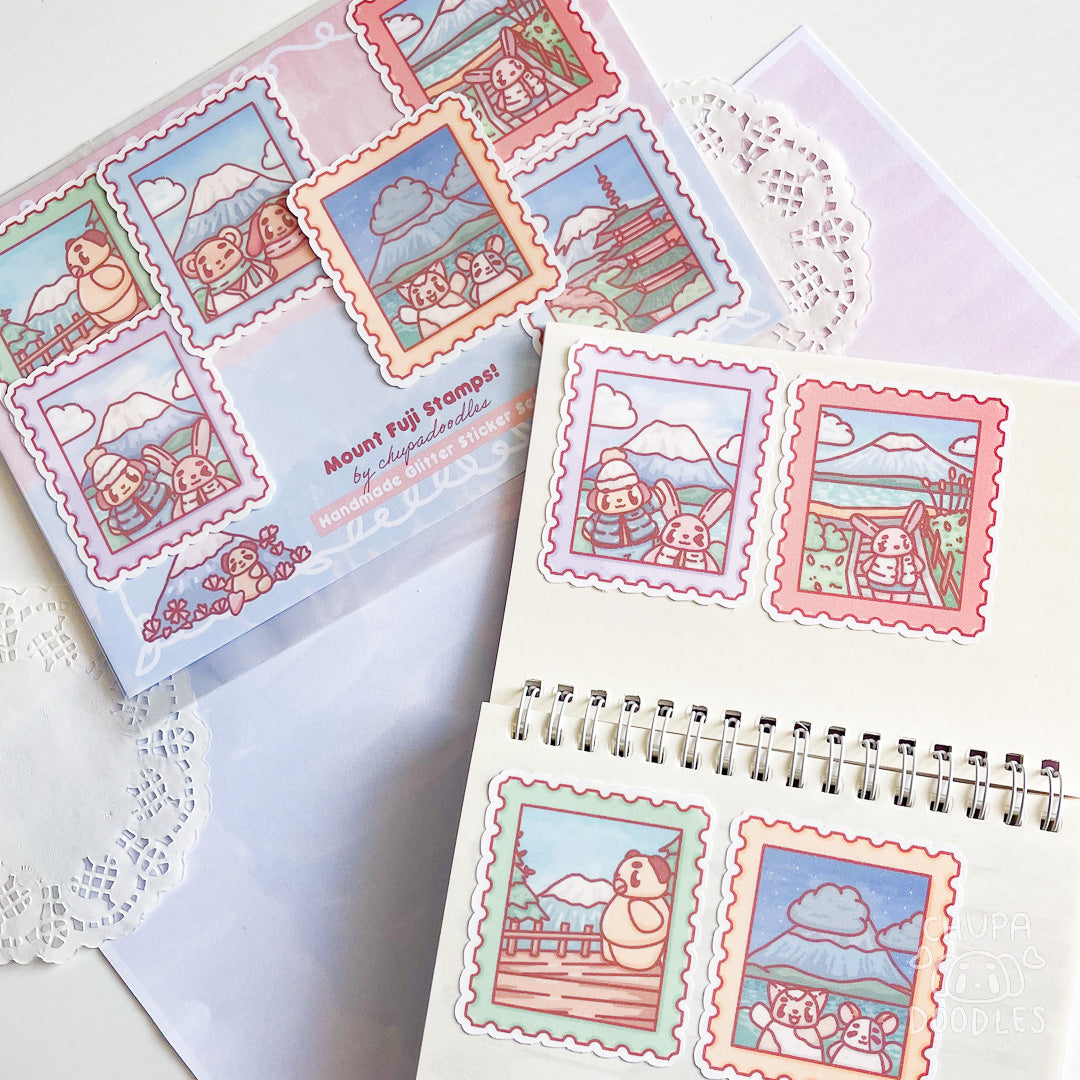 Mount Fuji Stamps Die Cut Glitter Sticker Set