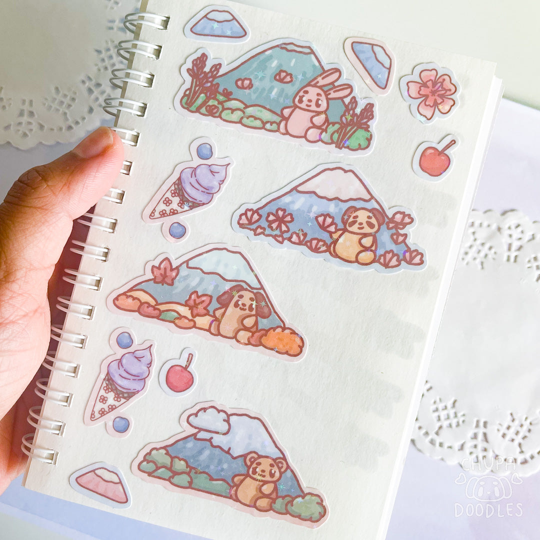 Mount Fuji Seasons Holo Cute Sticker Sheet-chupadoodles