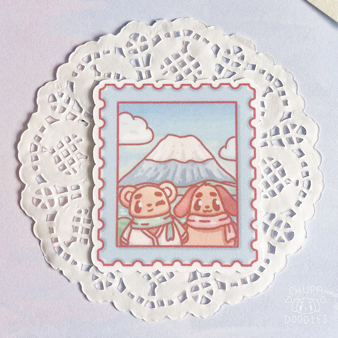 Afternoon Mount Fuji Stamp Glitter Die Cut Sticker