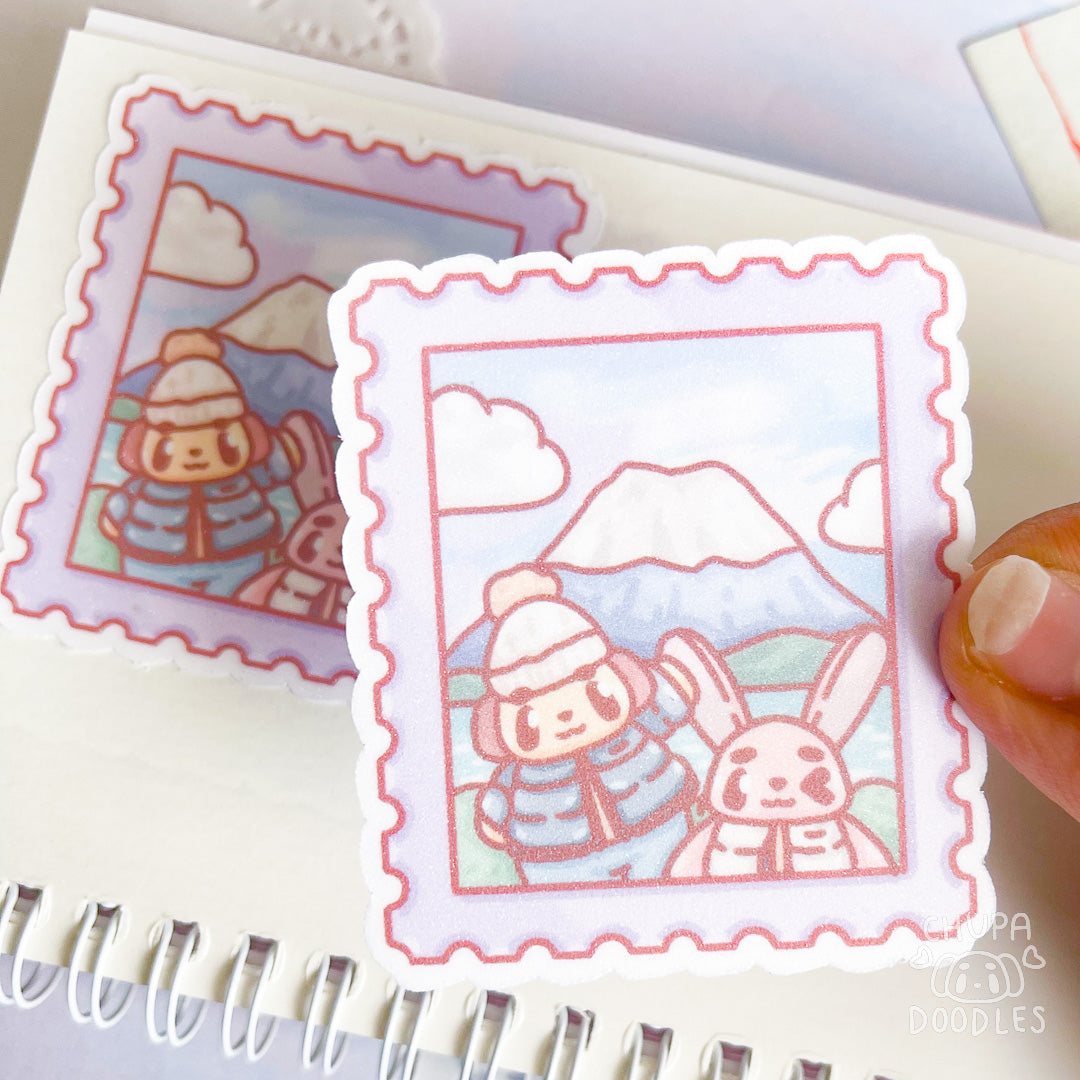 Morning View Mount Fuji Stamp Glitter Die Cut Sticker