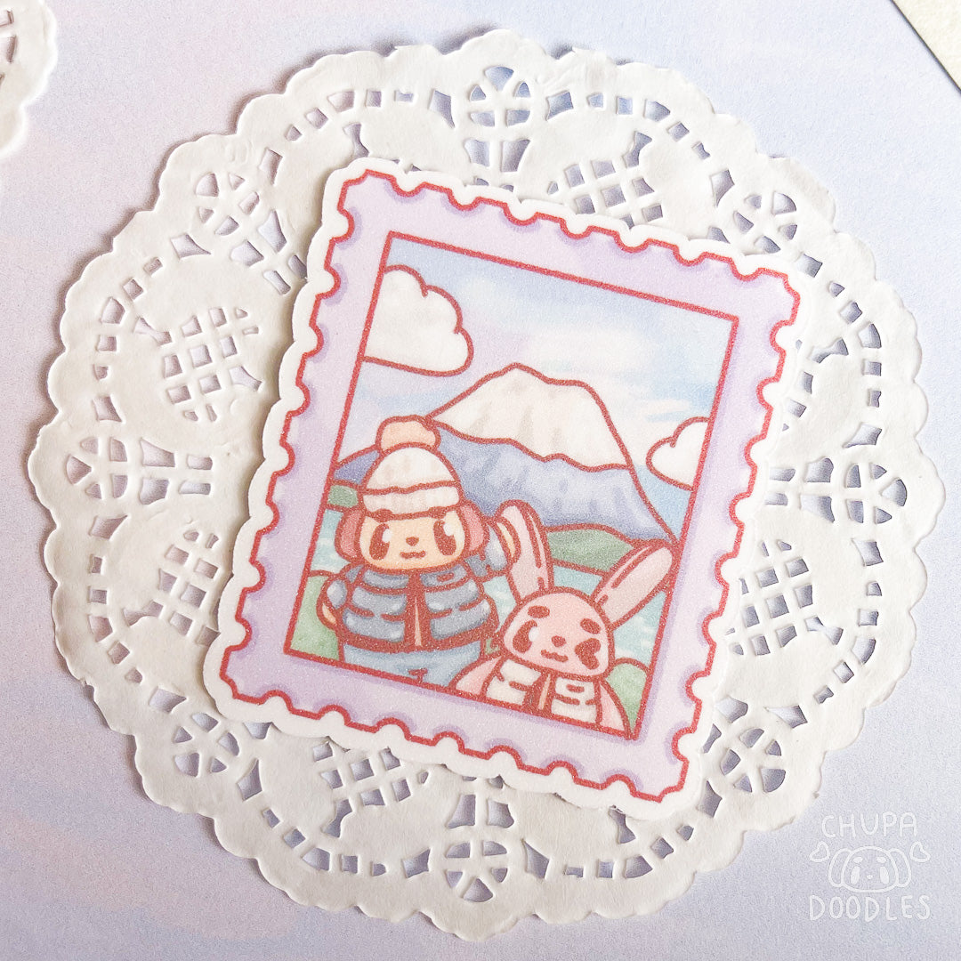 Morning View Mount Fuji Stamp Glitter Die Cut Sticker