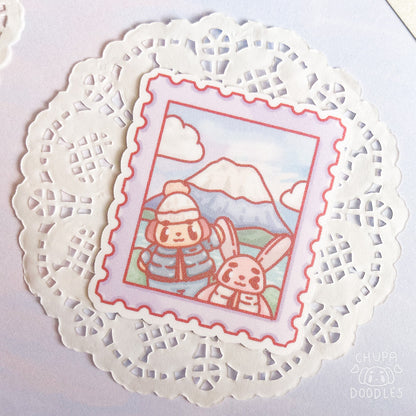 Morning View Mount Fuji Stamp Glitter Die Cut Sticker