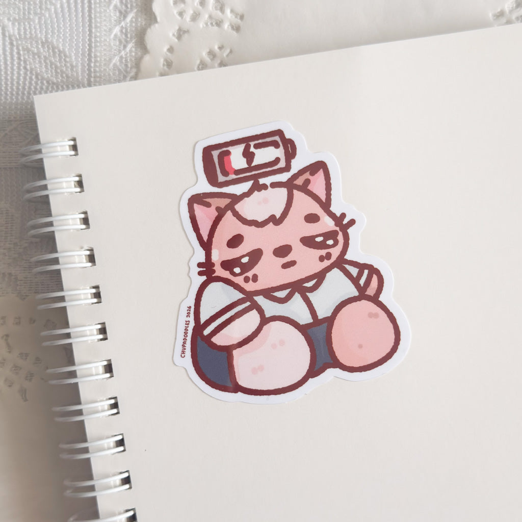 Low Battery Chunky Cat Cute Sticker (Gloss Finish)