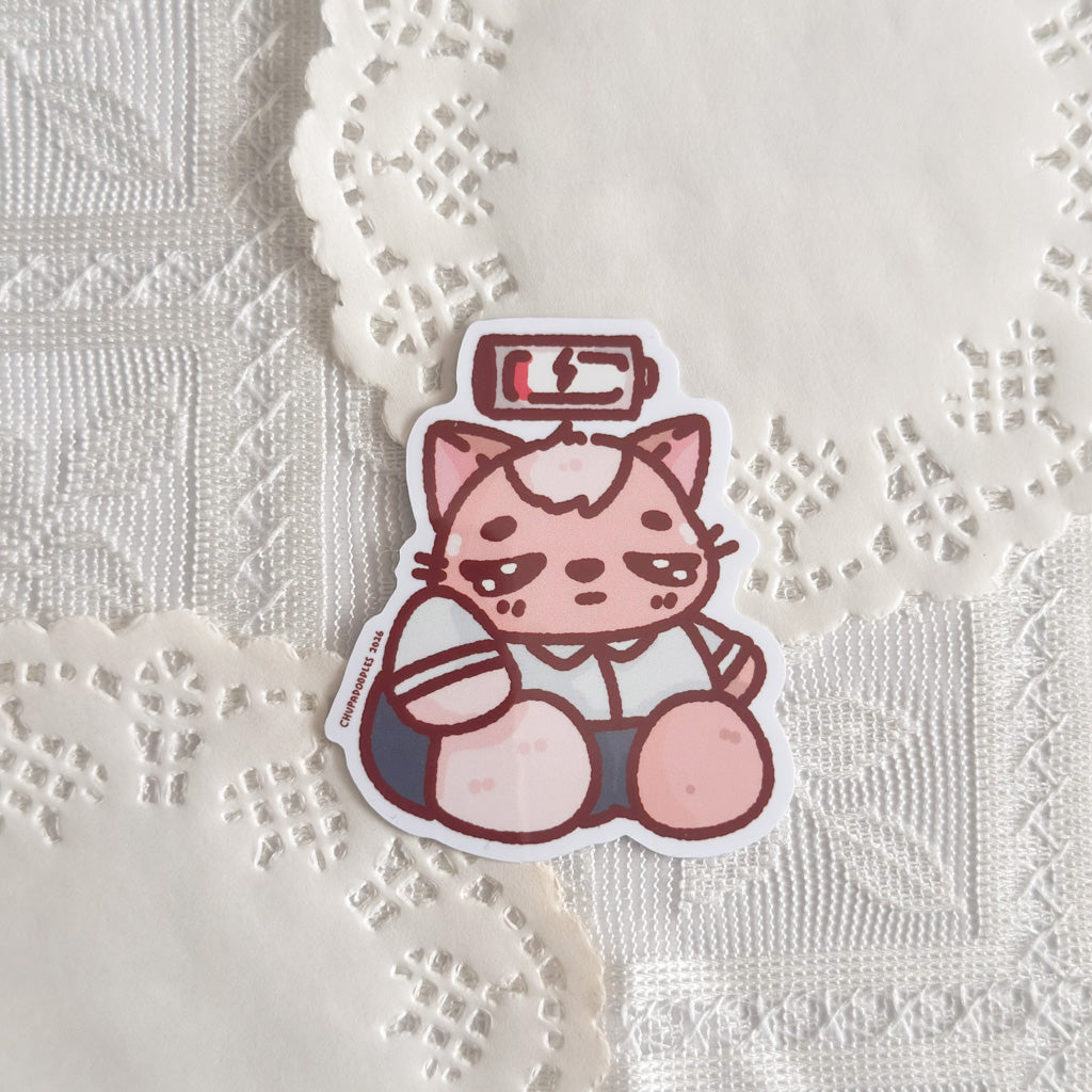 Low Battery Chunky Cat Cute Sticker (Gloss Finish)
