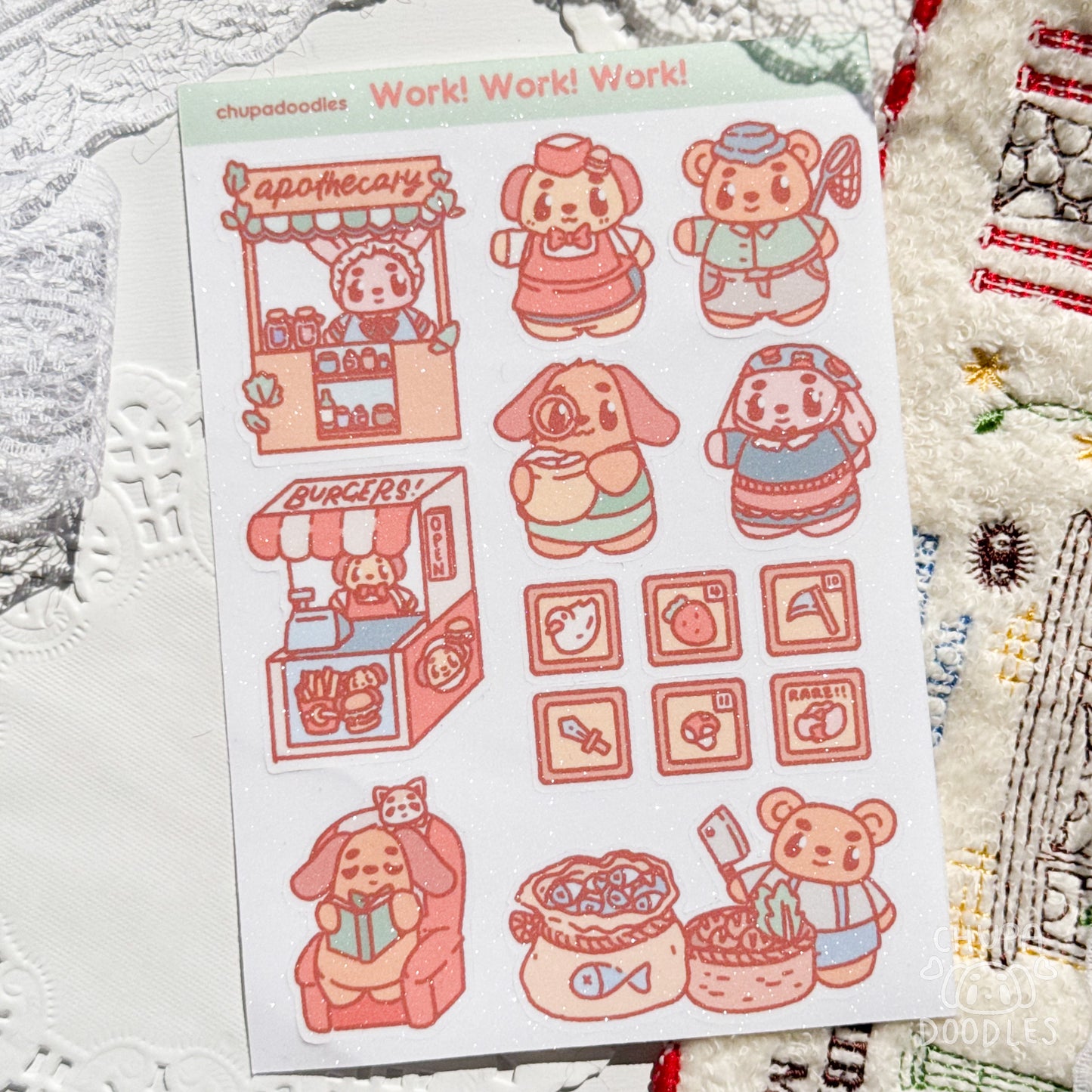 Work! Work! Work! Glitter Cute Sticker Sheet-chupadoodles