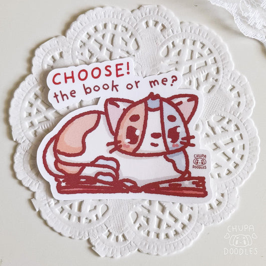 Cat Laying On A Book Cute Sticker (Matte Finish)-chupadoodles