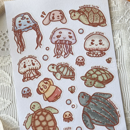 Turtles & Jellyfishes Cute Sticker Sheet