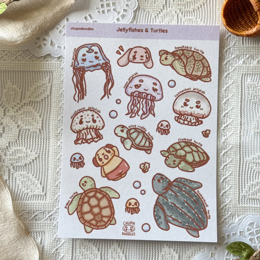 Turtles & Jellyfishes Cute Sticker Sheet