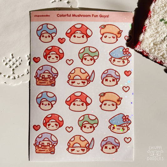 Colourful Mushrooms Holographic Cute Sticker Sheet