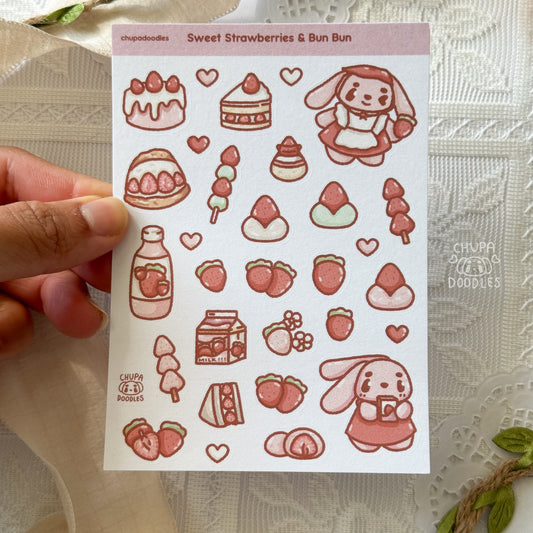 Bun Bun & Strawberries Fruity Cute Sticker Sheet