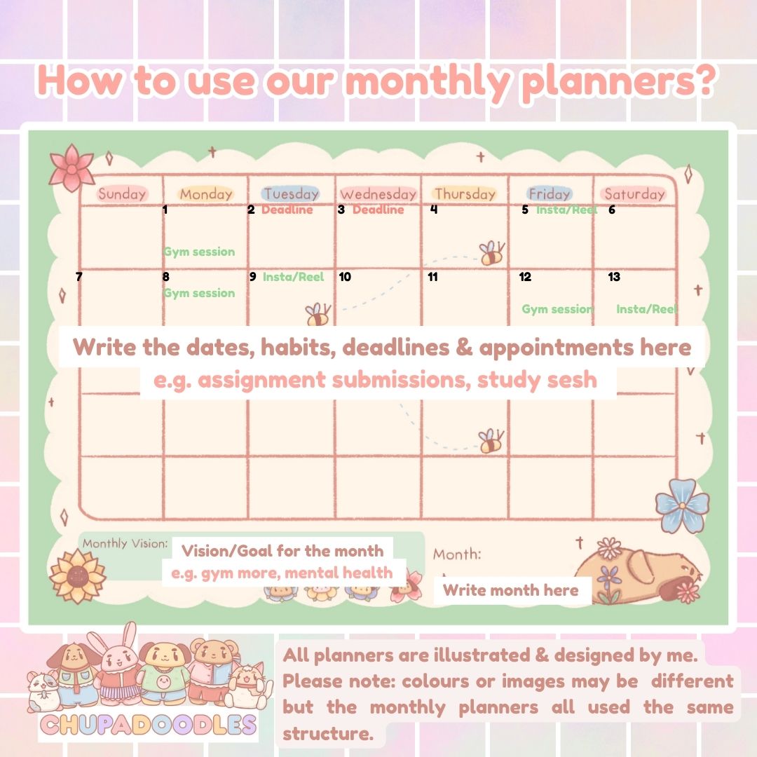 A4 Flowers Kawaii Monthly Planner Notepad