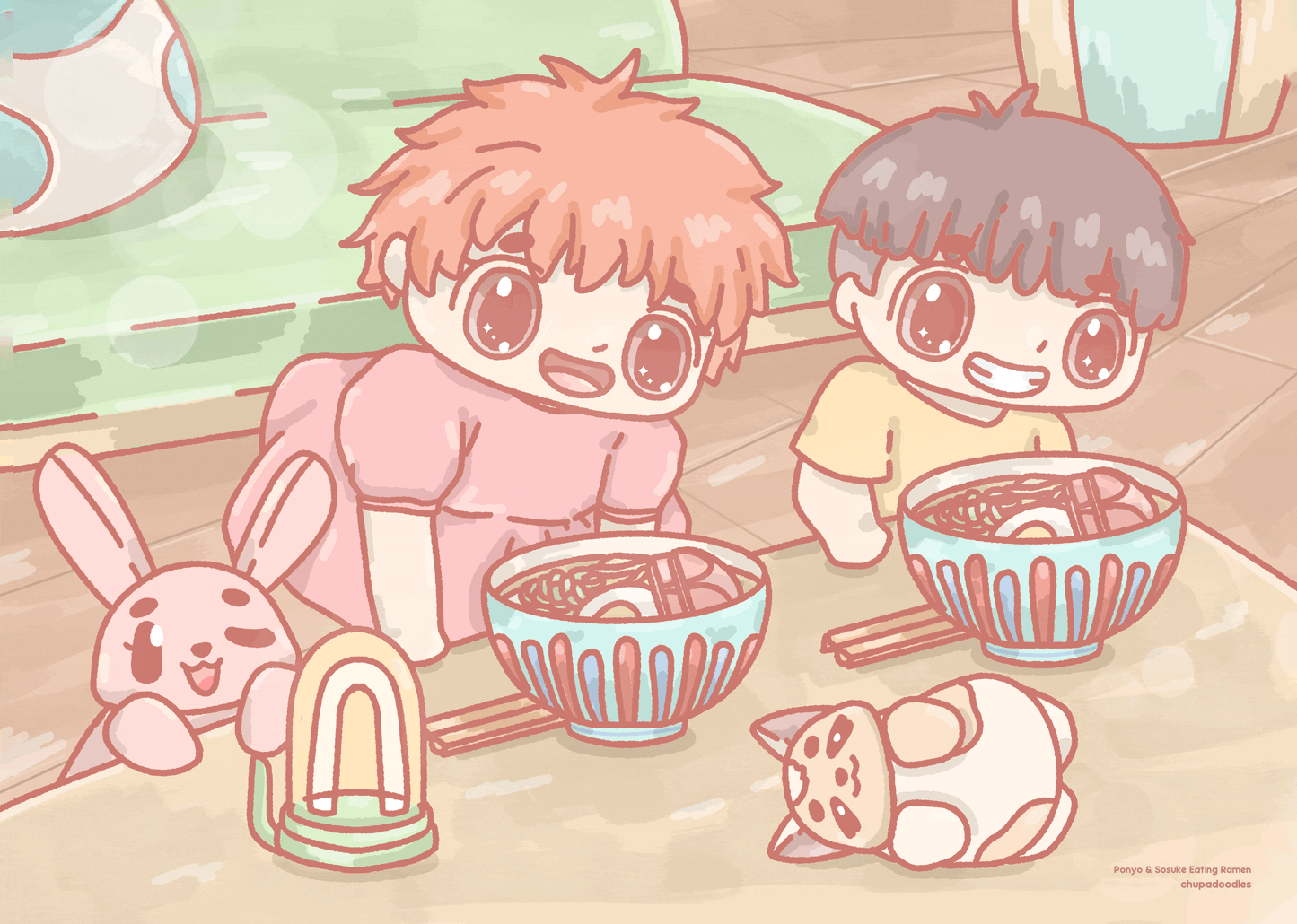 Ponyo & Sosuke Eating Ramen A5 Postcard Print