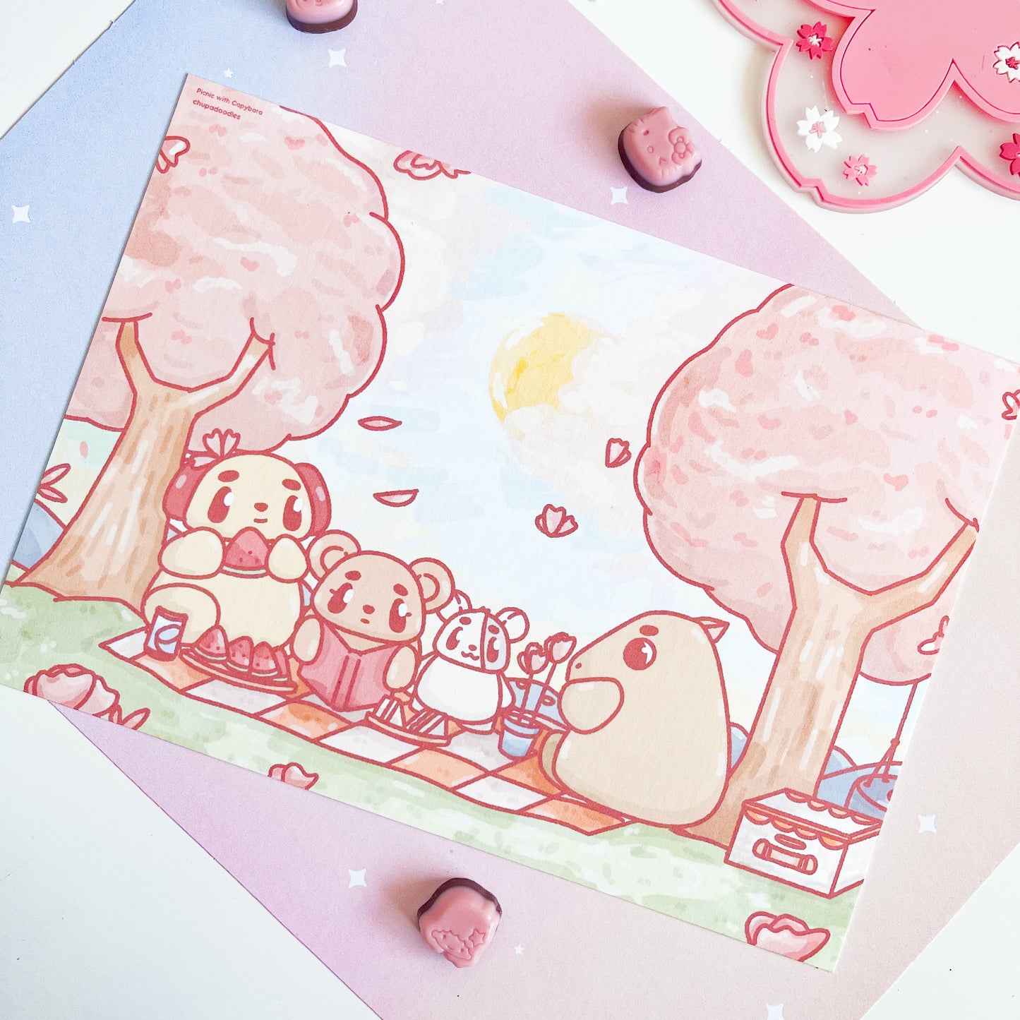 Capybara Cherry Blossom Picnic Art Print