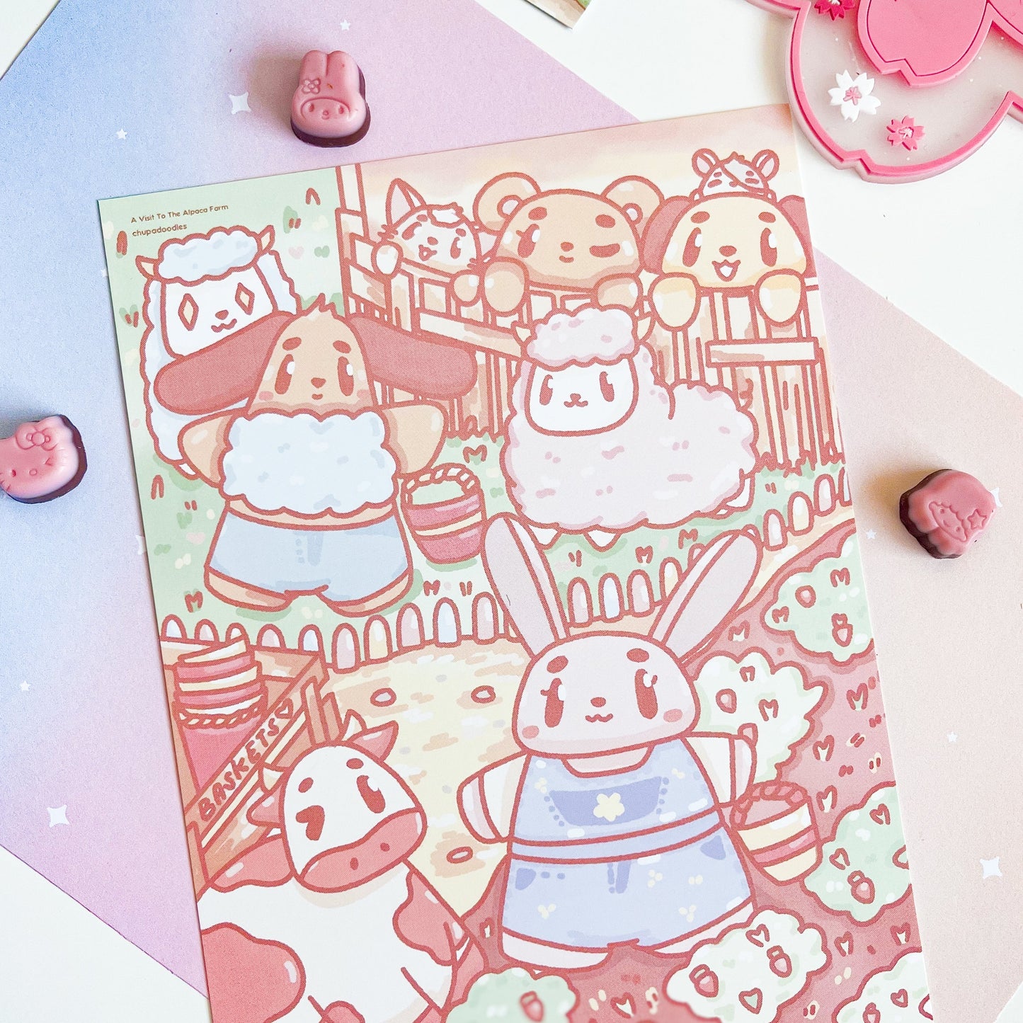 Strawberry Alpaca Farm Original A5 Postcard Print