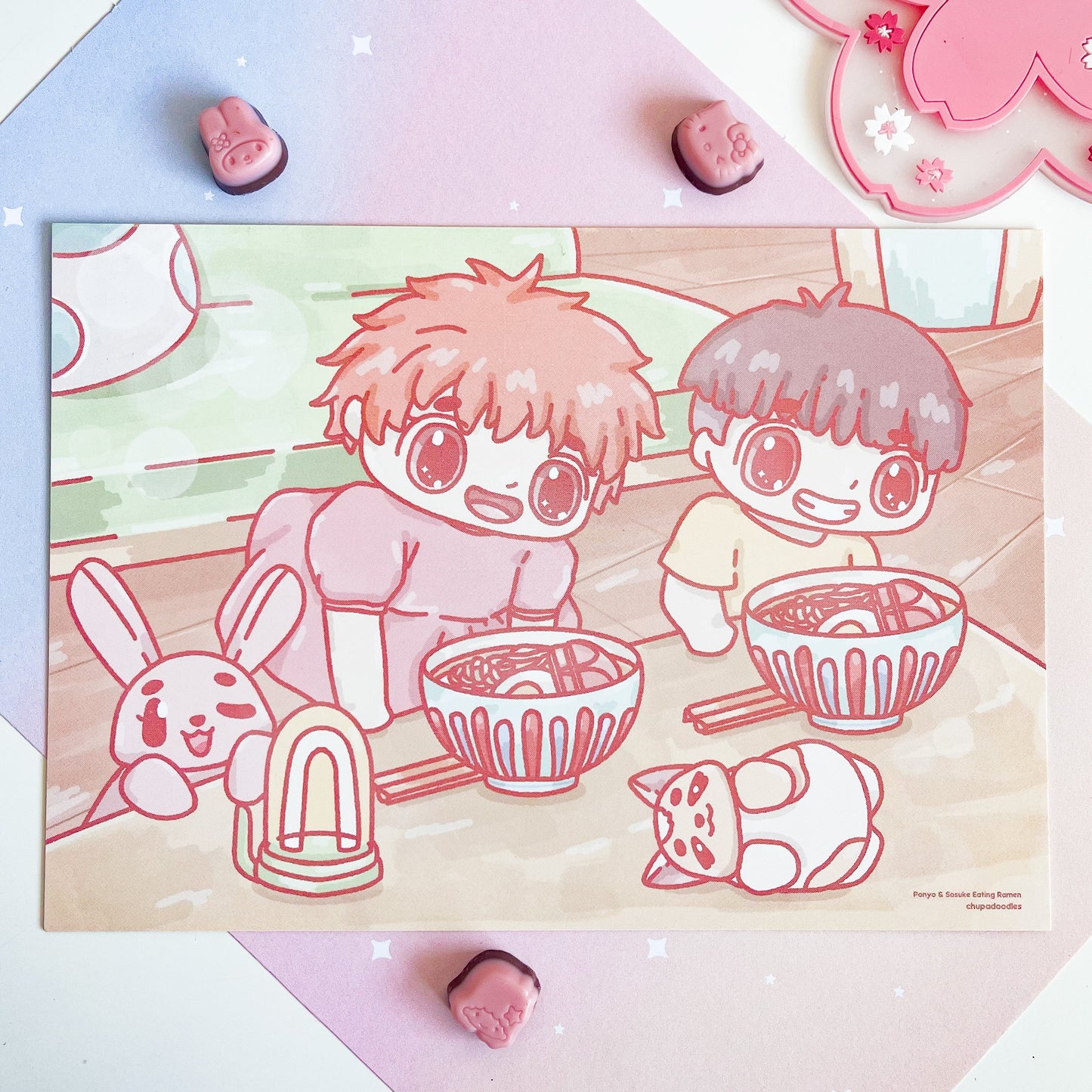 Ponyo & Sosuke Eating Ramen A5 Postcard Print