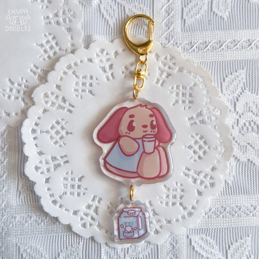 Barky and oat milk double charm epoxy keychain by Chupadoodles, kawaii bag charm hero shot
