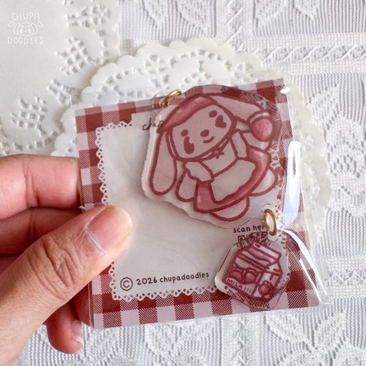Bun Bun and strawberry milk double charm epoxy keychain by Chupadoodles, kawaii bag charm hero shot