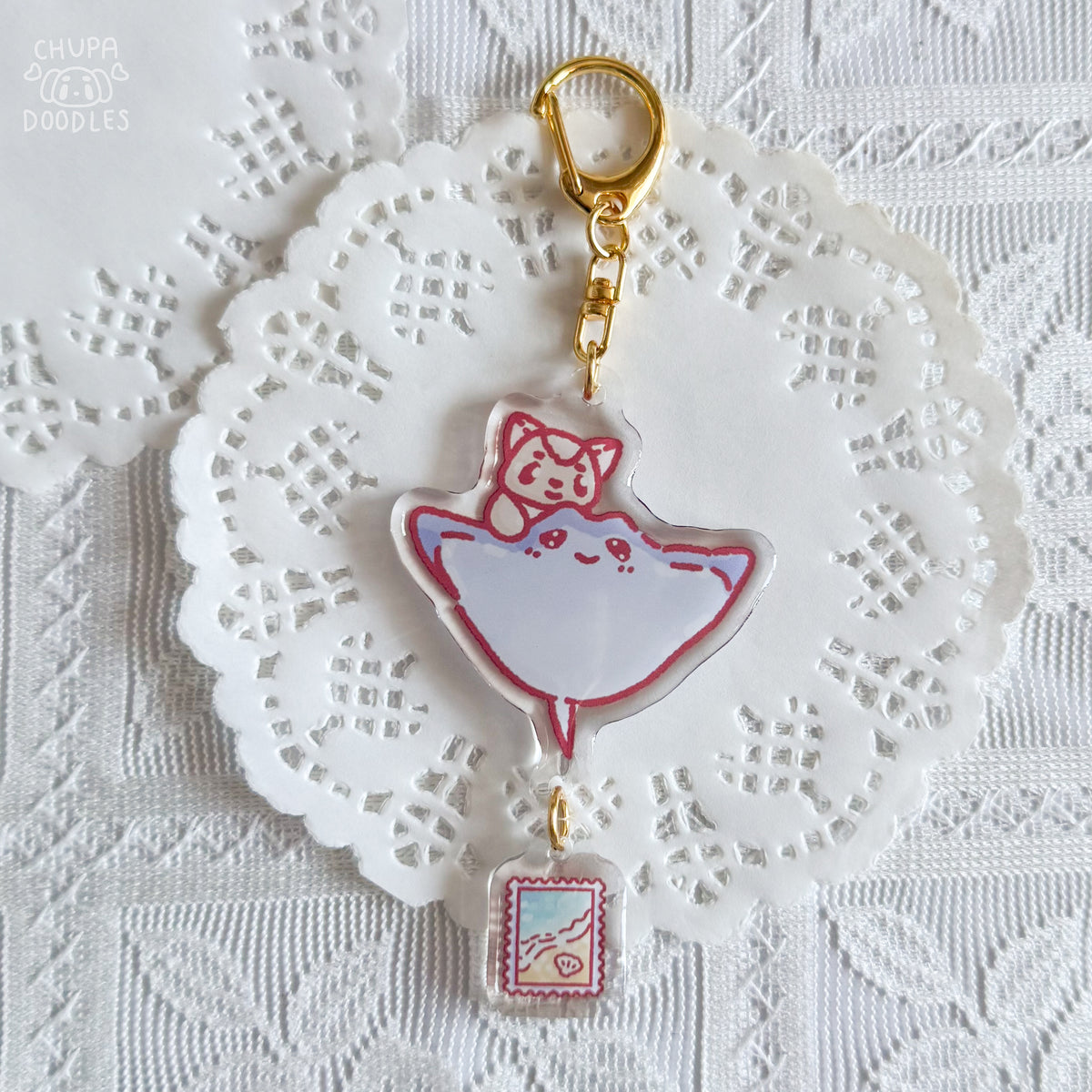 Chunky the cat and stingray double charm epoxy keychain by Chupadoodles, kawaii bag charm hero shot