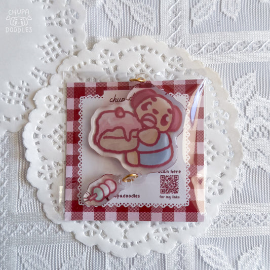 Chupa and cake double charm epoxy keychain by Chupadoodles, kawaii bag charm hero shot