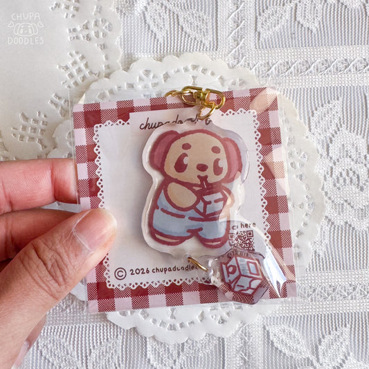 Chupa and Hokkaido milk double charm epoxy keychain by Chupadoodles, kawaii bag charm hero shot