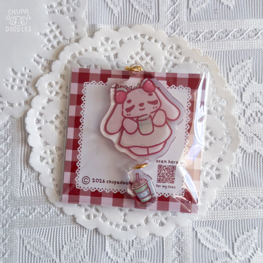 Bun Bun and matcha double charm epoxy keychain by Chupadoodles, kawaii bag charm hero shot