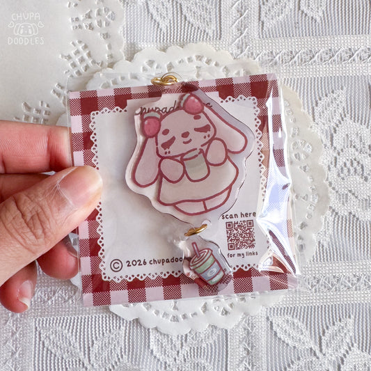 Bun Bun double charm keychain close up, double-sided epoxy matcha charm