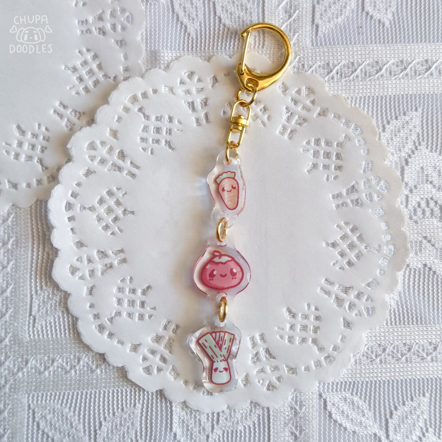Carrot, Tomato & Leek triple charm epoxy keychain by Chupadoodles, kawaii bag charm