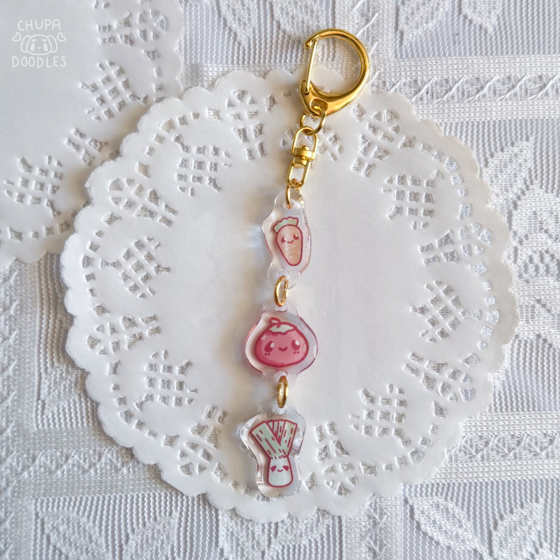 Carrot, Tomato & Leek triple charm epoxy keychain by Chupadoodles, kawaii bag charm