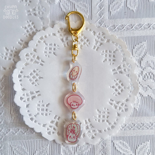 Corn, Mushroom & Bok Choy triple charm epoxy keychain by Chupadoodles, kawaii bag charm