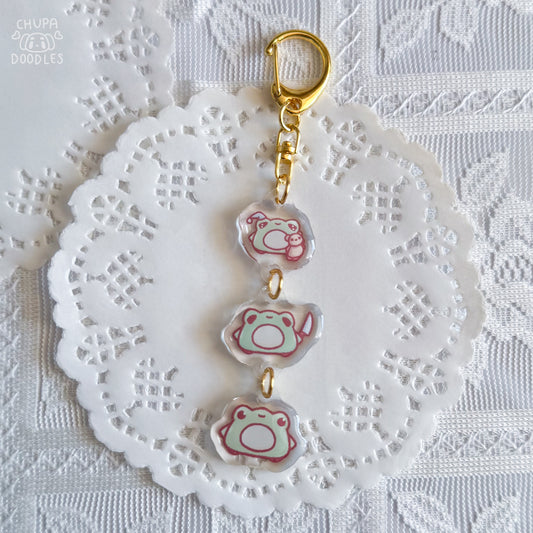 Froggies triple charm epoxy keychain by Chupadoodles, kawaii bag charm
