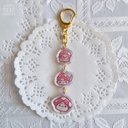 Mushroom triple charm epoxy keychain by Chupadoodles, kawaii bag charm